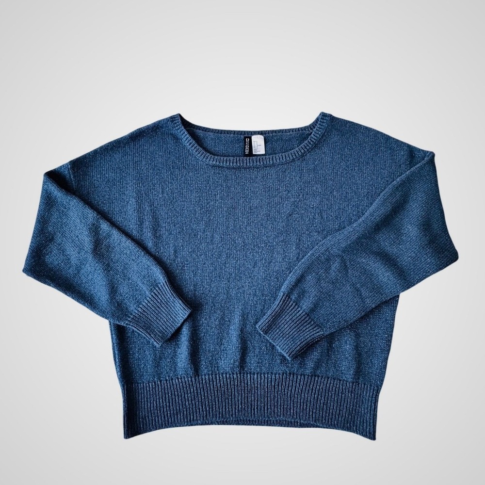 H&M Divided Metallic Knit Sweater Blue Sparkle Cropped Party Glam Medium